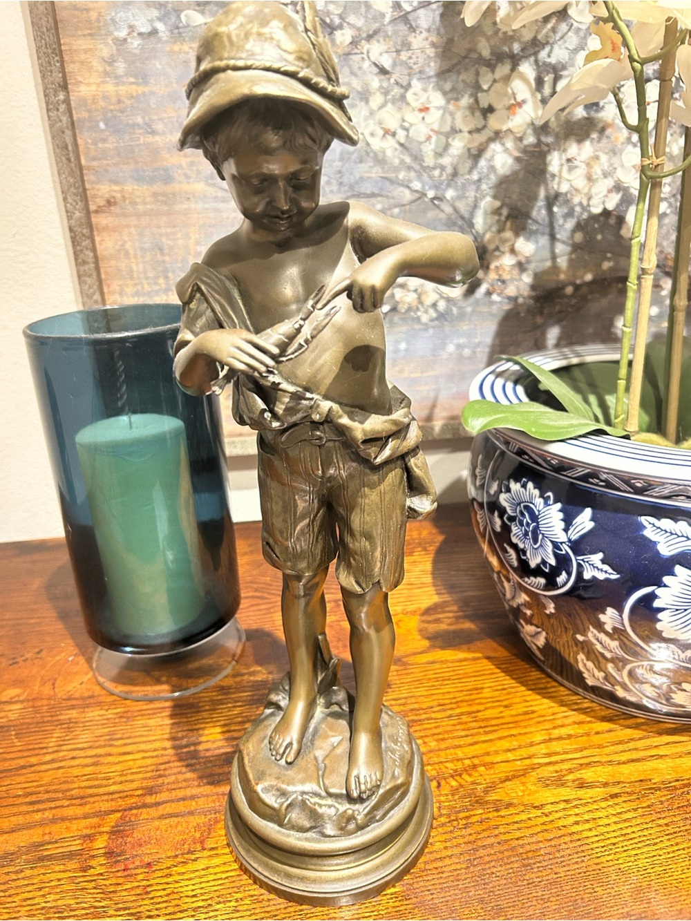 Karl Satzinger Munich Bronze Sculpture 17.72” Young Boy with Lobster